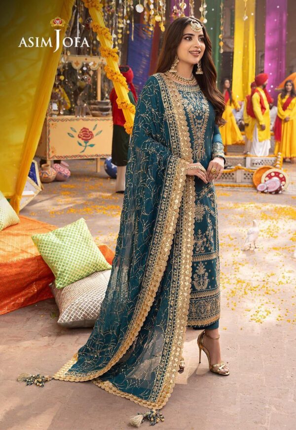 Asim Jofa Embroidered Chiffon Wedding Suit – Formal 3PC with Malai Trouser-dress glam