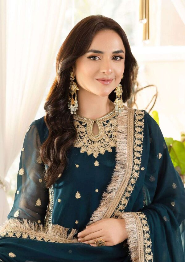 Chiffon 3-Piece Suit with 4-Side Border Dupatta & Silk Trouser - Embroidered Lawn Suit for Women - Dress Glam
