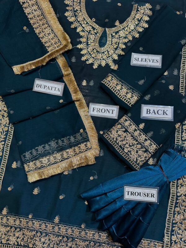 Chiffon 3-Piece Suit with 4-Side Border Dupatta & Silk Trouser - Embroidered Lawn Suit for Women - Dress Glam