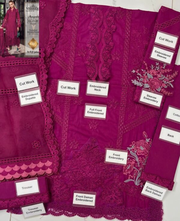 MARAI.B Embroidered Cotton Chikankari Suit – Organza Dupatta & Embroidered Trouser | Unstitched 3PC - Image 4