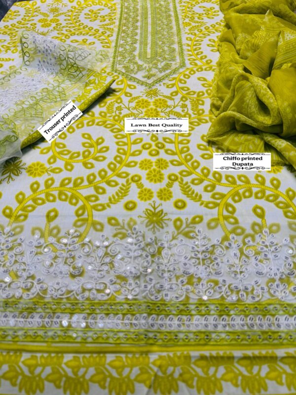 Premium lawn suit for women – front printed shirt, lawn trouser, chiffon dupatta