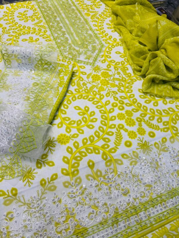 Premium lawn suit for women – front printed shirt, lawn trouser, chiffon dupatta