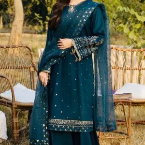 Qalamkar 3pc Lawn Suit Heavy Sequin Embroider - Embroidered Lawn Suit for Women - Dress Glam