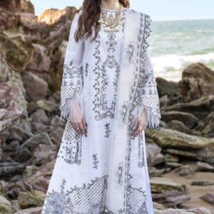 Unstitched Qalamkar replica lawn suit for women with Chikan Kari embroidery and cotton net dupatta
