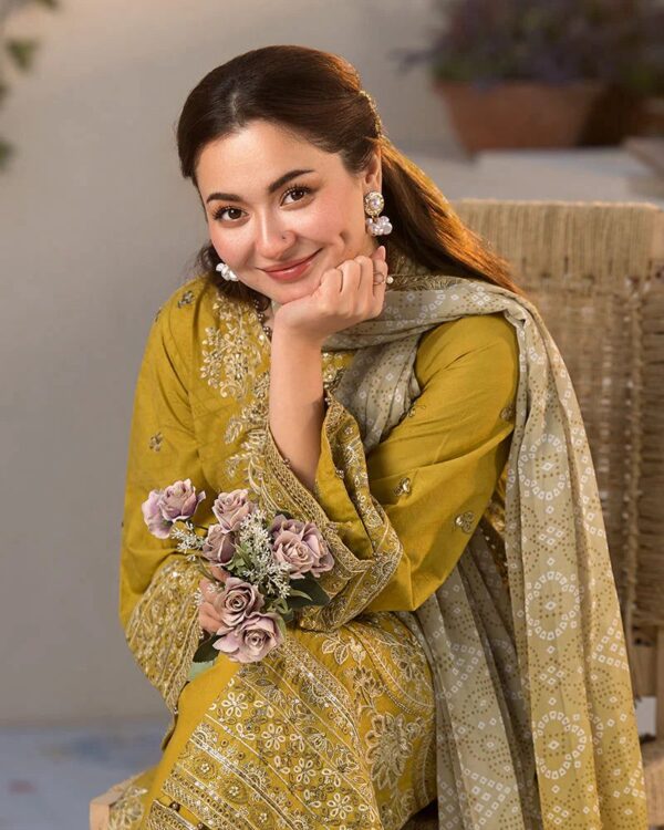 Qalamkar 3-piece unstitched embroidered lawn suit with monark dupatta and trouser patch – Summer Casual 2024 by Dress Glam