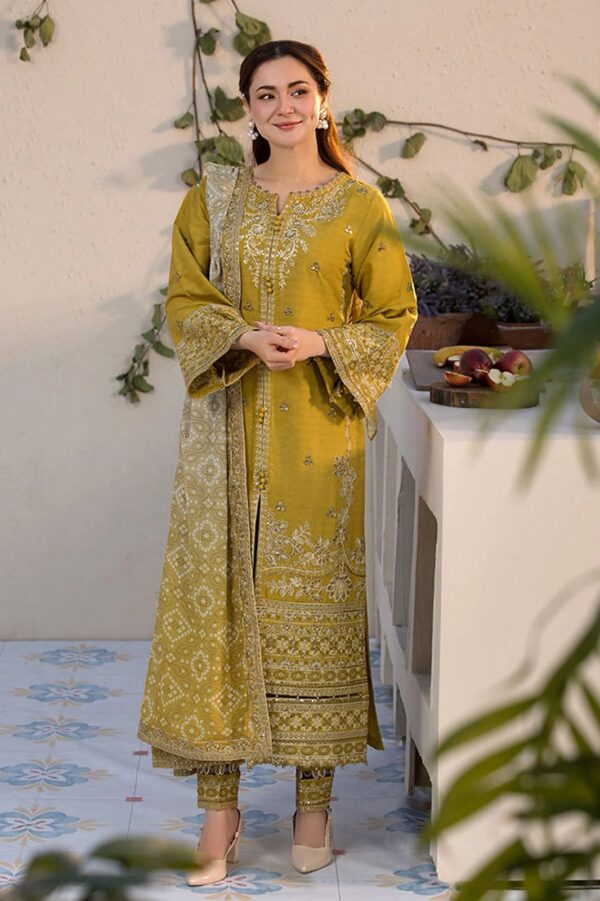 Qalamkar 3-piece unstitched embroidered lawn suit with monark dupatta and trouser patch – Summer Casual 2024 by Dress Glam