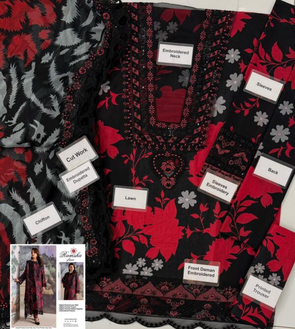 RAMSHA Embroidered Lawn 3pc Unstitched Suit - Embroidered Lawn Suit for Women - Dress Glam