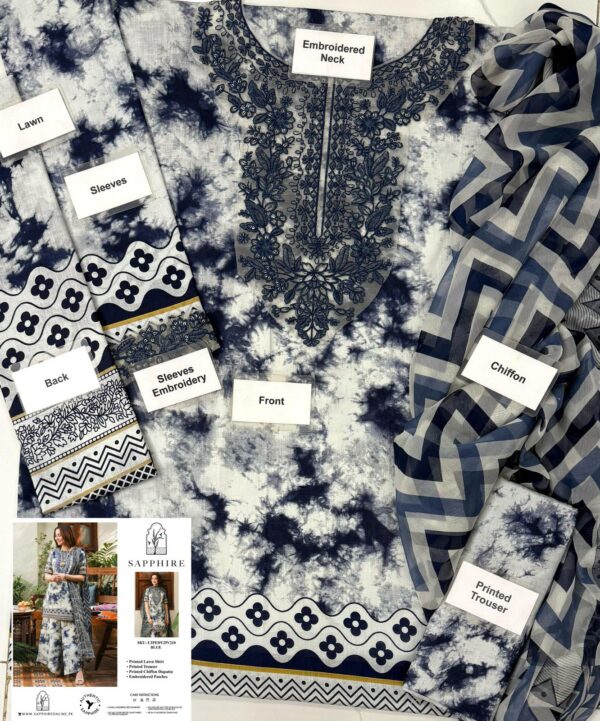 Sapphire Printed Lawn Suit – Embroidered Neck Patch & Chiffon Dupatta- dress glam